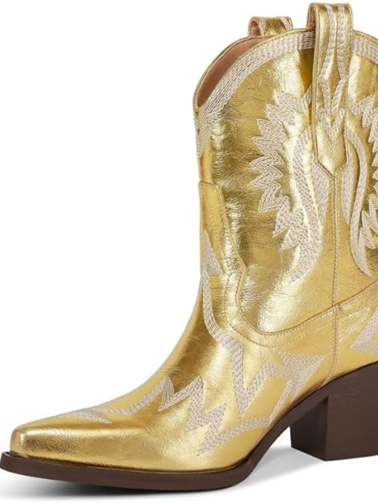 Women's Gold Metallic Embroidered Pointed Toe Cowgirl Boots Chunky Heel Pull-On
